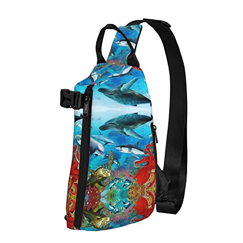 Delphins Sea Turtle Shark Octopus Coral Reef bedruckt Sling Crossbody Rucksack Schultertasche Sling Bag für Männer Frauen, für Outdoor Walking Travel, Schwarz, Einheitsgröße von OGNOT