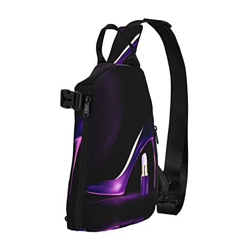 Eleganter lila High Heels mit Lippenstift bedruckt Sling Crossbody Rucksack Schultertasche Sling Bag für Männer Frauen Für Outdoor Walking Reisen, Schwarz, Einheitsgröße von OGNOT