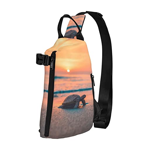 Meeresschildkröte Sonnenuntergang bedruckt Sling Crossbody Rucksack Schultertasche Schultertasche für Männer Frauen, für Outdoor Walking Reisen, Schwarz, Einheitsgröße von OGNOT