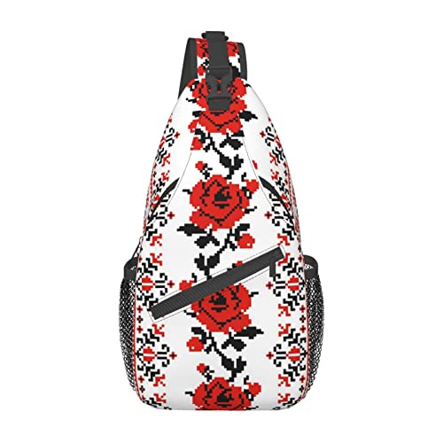 OGNOT Bärentanzender Batik-Schultertasche, Schulterrucksack, Brustrucksack, lässiger Crossbody-Tagesrucksack für Damen und Herren, Wandern, Reisen, Ukrainische Stickerei Stil Rose, Einheitsgröße von OGNOT