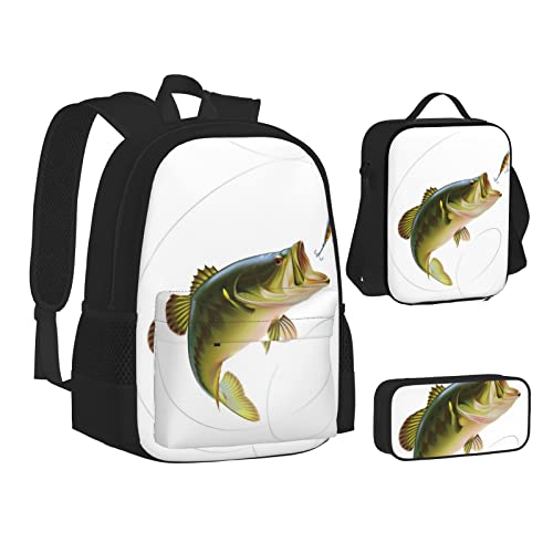 OGNOT Basketball-Druck, Schulrucksack, Teenager, Mädchen, Jungen, Schultaschen, Büchertasche mit Lunch-Tasche, Federmäppchen, Reisetagesrucksack-Sets, Köder mit Angelschnur fressen kleine Fische, Einheitsgröße von OGNOT