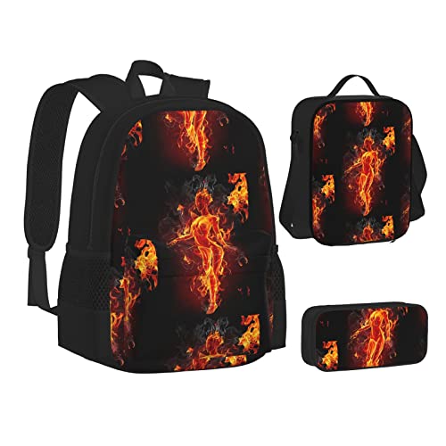 OGNOT Bunte Happy Birthday Cupcakes Druck Schulrucksack Teenager Mädchen Jungen Schultaschen Büchertasche mit Lunchtasche Federmäppchen Reise-Tagesrucksack-Sets, Fire Nackte Frau Flamme, Einheitsgröße von OGNOT