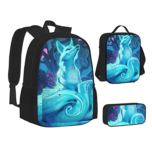 OGNOT Bunte Happy Birthday Cupcakes Druck Schulrucksack Teenager Mädchen Jungen Schultaschen Büchertasche mit Lunchtasche Federmäppchen Reise-Tagesrucksack-Sets, Magic Blue Fox, Einheitsgröße von OGNOT