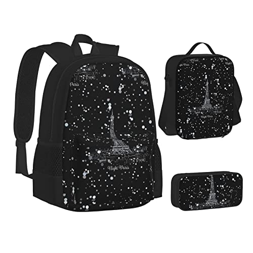 OGNOT Eiffelturm Love Paris Druck Schulrucksack Teenager Mädchen Jungen Schultaschen Büchertasche mit Lunchtasche Bleistiftbeutel Reise Tagesrucksack Sets, Night Paris Eiffelturm, Einheitsgröße von OGNOT