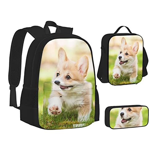 OGNOT Käfer-Kranz-Druck, Schulrucksack, Teenager, Mädchen, Jungen, Schultaschen, Büchertasche mit Lunch-Tasche, Federmäppchen, Reisetagesrucksack-Sets, Corgi Puppy, Einheitsgröße von OGNOT