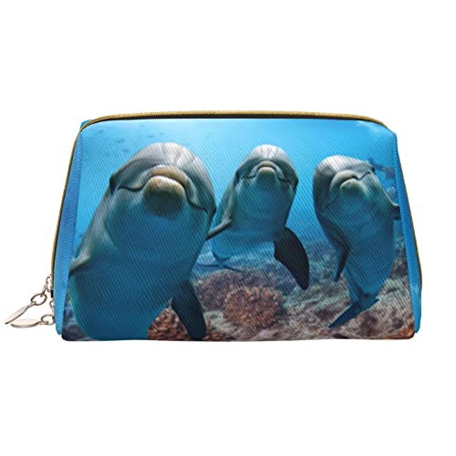 OGNOT Kulturtasche mit Fledermaus-Muster, Reise-Organizer für Männer und Frauen, leichte Leder-Make-up-Tasche, große Kosmetiktasche, Lustiger Delfin mit Meerestieren, Einheitsgröße von OGNOT