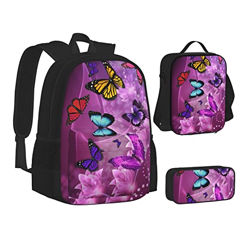 OGNOT Mallard Ducks Schulrucksack, Teenager, Mädchen, Jungen, Schultaschen, Büchertasche mit Lunch-Tasche, Federmäppchen, Reisetagesrucksack-Sets, Lila Schmetterlinge, Einheitsgröße von OGNOT