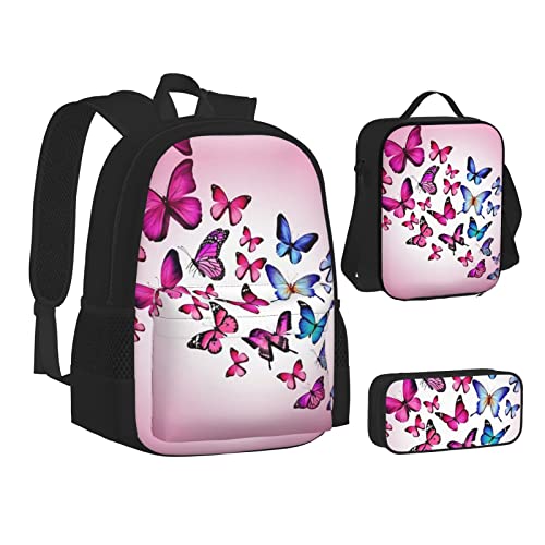 OGNOT Mallard Ducks Schulrucksack, Teenager, Mädchen, Jungen, Schultaschen, Büchertasche mit Lunch-Tasche, Federmäppchen, Reisetagesrucksack-Sets, Rosa Schmetterlinge, Einheitsgröße von OGNOT