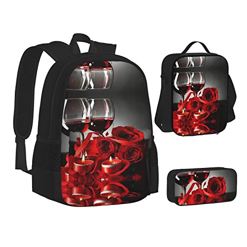 OGNOT Mandelblüten-Schulrucksack, Teenager, Reisetagesrucksack, Mädchen und Jungen, kommt mit einer Crossbody-Lunchtasche und Federmäppchen., Rotwein-Rose und Kerze, Einheitsgröße, Kinderrucksack von OGNOT