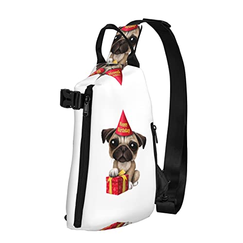 OGNOT Niedlicher Happy Birthday Mops Welpe bedruckter Sling Crossbody Rucksack Schultertasche Sling Tasche für Männer Frauen Outdoor Walking Reisen, Schwarz, Einheitsgröße von OGNOT