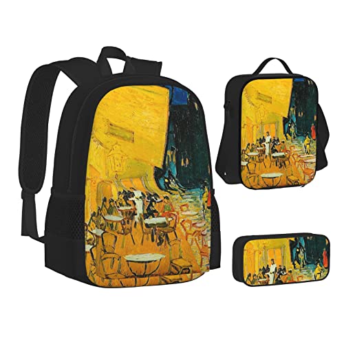 OGNOT Schulrucksack, Leopardenmuster, für Teenager, Mädchen, Jungen, Schultaschen, Büchertasche mit Lunch-Tasche, Federmäppchen, Reisetagesrucksack-Sets, Cafe Terrasse bei Nacht, Einheitsgröße von OGNOT