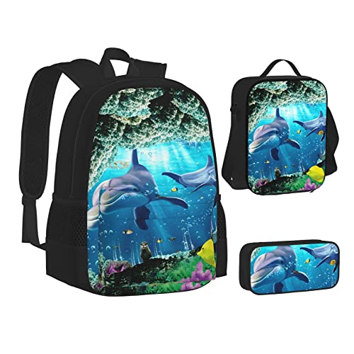 OGNOT Schulrucksack, bunt, mit Schmetterlingsmotiv, für Teenager, Mädchen, Jungen, Schultaschen, Büchertasche mit Lunch-Tasche, Federmäppchen, Reisetagesrucksack-Sets, Ozean Unterwasser-Delfinfisch, Einheitsgröße von OGNOT
