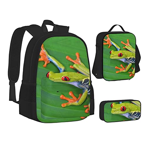 OGNOT Schulrucksack für Teenager, Mädchen, Jungen, Schultaschen, Büchertasche, mit Lunch-Tasche, Federmäppchen, Reise-Tagesrucksack-Sets, Weiß / Violett, Frosch mit grünen Blättern, Einheitsgröße, Rucksack, Reisen von OGNOT