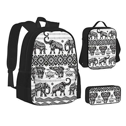 OGNOT Schulrucksack mit Gänseblümchen-Motiv, für Teenager, Mädchen, Jungen, Schultaschen, Lunch-Tasche, Federmäppchen, leichte, wasserabweisende Büchertasche, Bohemian-Elefantenmuster, Einheitsgröße, Schulranzen-Set von OGNOT