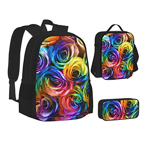 OGNOT Schulrucksack mit Pferde-Druck, für Teenager, Mädchen, Jungen, Schultaschen, Büchertasche mit Lunch-Tasche, Bleistift-Tasche, Reisetagesrucksack-Sets, Rainbow Rose, Einheitsgröße von OGNOT