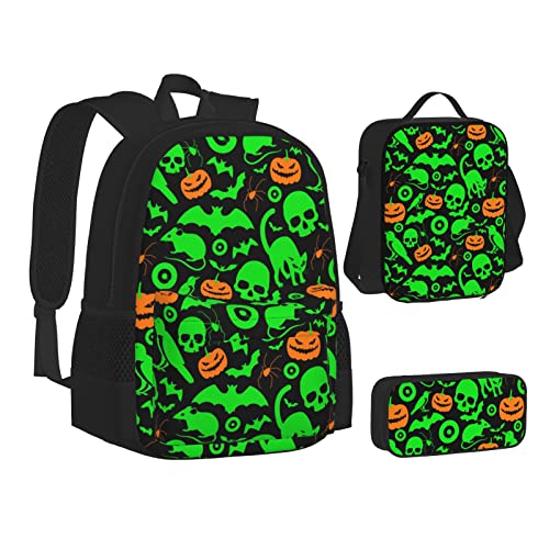 OGNOT Schulrucksack mit Tiermotiv, Hyena-Druck, für Teenager, Mädchen, Jungen, Schultaschen, Büchertasche mit Lunch-Tasche, Federmäppchen, Reisetagesrucksack-Sets, Green Ghost Horror Halloween Kürbis, Einheitsgröße von OGNOT