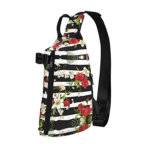 OGNOT Schultertasche, Schultertasche, Schwarz / Weiß gestreift, rote Rosen, bedruckt, für Outdoor, Walking, Reisen, Schwarz, Einheitsgröße von OGNOT