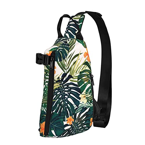 OGNOT Tropischer Sommer Hawaii-Blume Palmblätter bedruckt Sling Crossbody Rucksack Schultertasche Sling Tasche für Männer Frauen für Outdoor Walking Reisen, Schwarz, Einheitsgröße von OGNOT