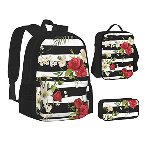 OGNOT Weißer Bärendruck Schulrucksack Teenager Mädchen Jungen Schultaschen Büchertasche mit Lunchtasche Federmäppchen Reise Tagesrucksack Sets, Schwarz Weiß Streifen Rot Rosen Blumen, Einheitsgröße von OGNOT