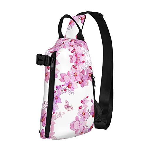 Rosa Blumen und Schmetterling bedruckt Sling Crossbody Rucksack Schultertasche Sling Tasche für Männer Frauen Outdoor Walking Reisen, Schwarz, Einheitsgröße von OGNOT