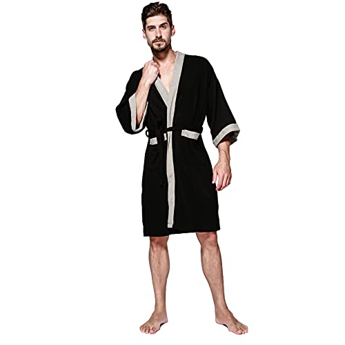 OGOUGUAN Waffel Herren Kimono Kleid Knielang Nachtwäsche Leichte Nachthemden Weiche Bademantel, Schwarz / Grau, XL von OGOUGUAN