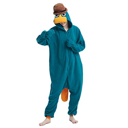 Herren Platypus Onesies Pyjama Cosplay Tier Homewear Nachtwäsche Jumpsuit Halloween Kostüm, Blue Platyus, Large von OGU' DEAL
