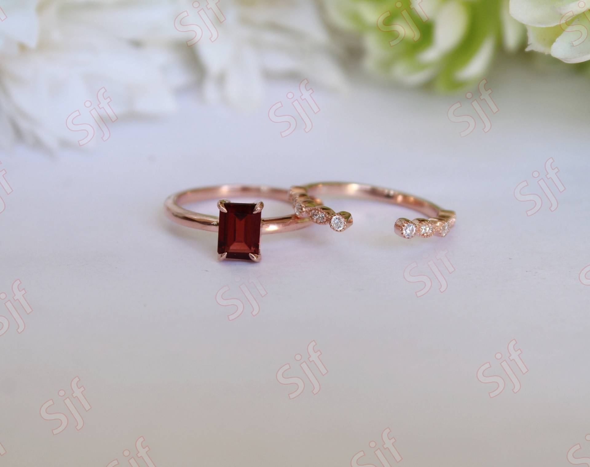 1.20 Ct Aaa Qualität Rote Granat & Diamant Frauen Verlobungsringe Set, Schöne 2stk Ehering Set Für Braut, Gold Schmuck Geschenk von OGofJewelry