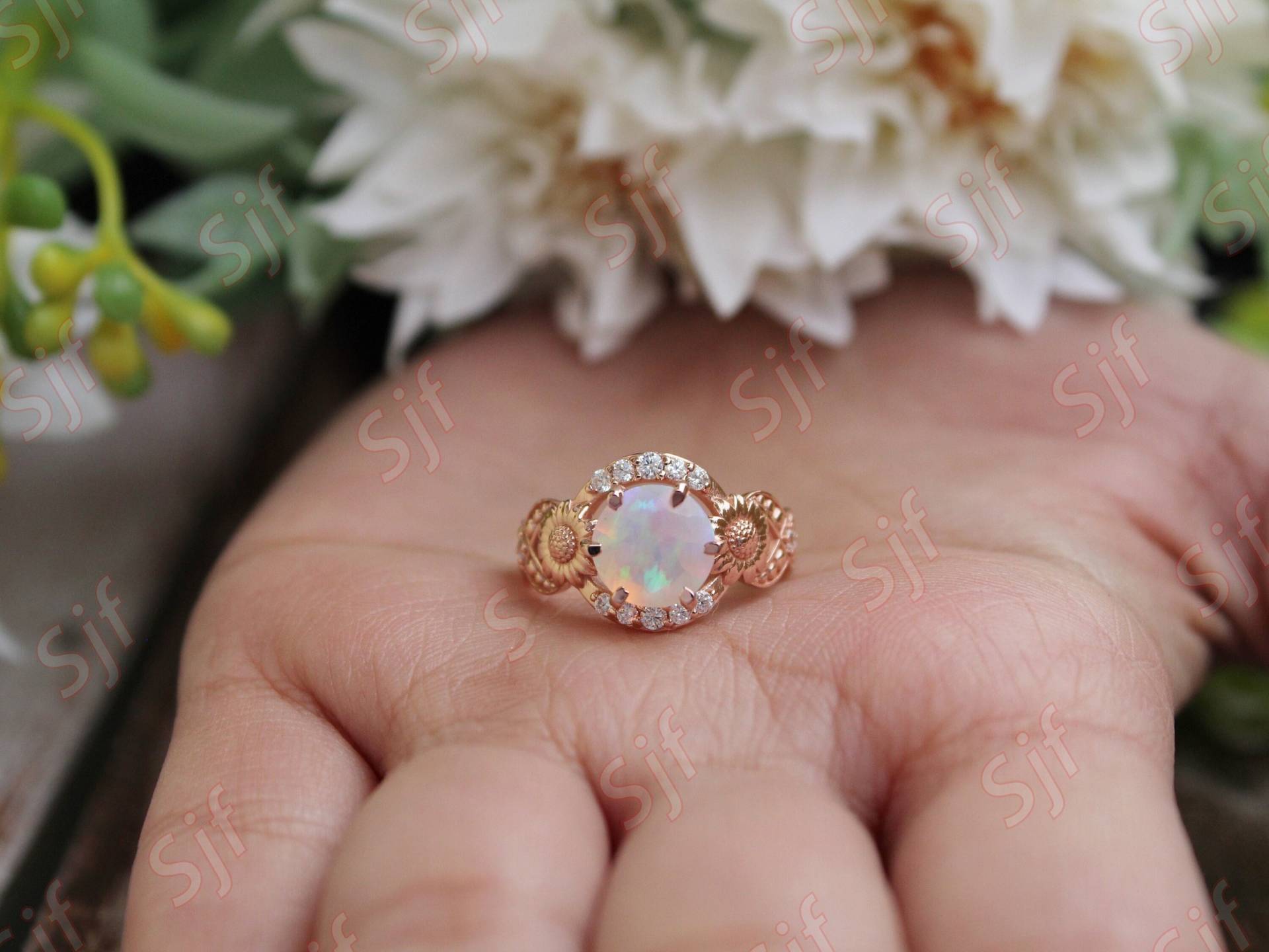 1.24Ct, Aaa Natürlicher Opal Edelstein Verlobungsring, Braut Moissanit Ring, Art Deco Sonnenblumen Runder Stein Geschenk Zum Jahrestag von OGofJewelry