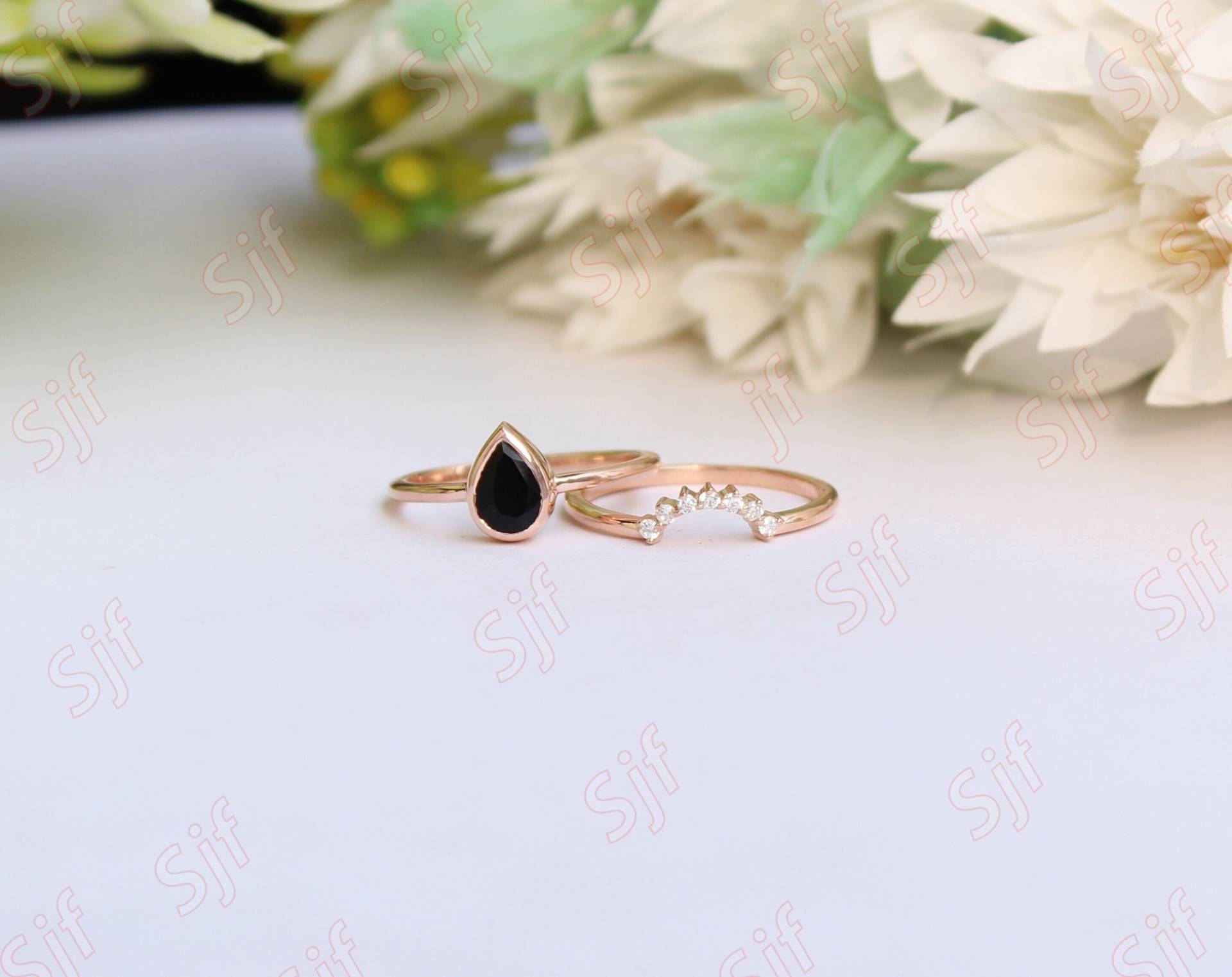 1.40 Ct Facettierte Aaa Schwarzer Onyx Edelstein & Diamant Ring Geschenk Für Frau Schwarz Natur Weiß Massivgold Verlobungsringe Set von OGofJewelry