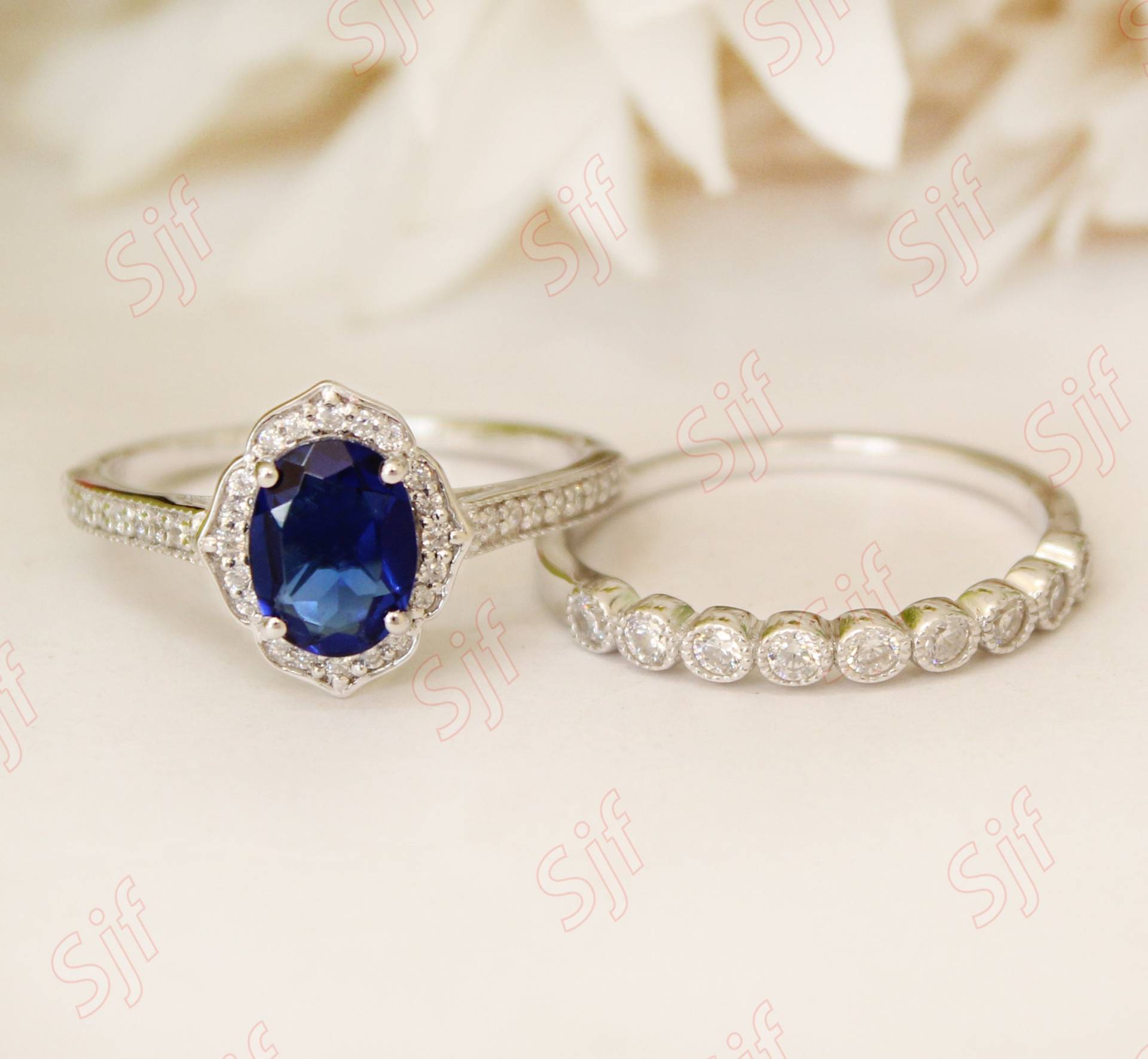 1.50Cts Natürlicher Blauer Saphir 925 Silber Hochzeit Verlobung Braut Ring September Birthstone Halo Stapel Jahrestag Geburtstagsgeschenk von OGofJewelry