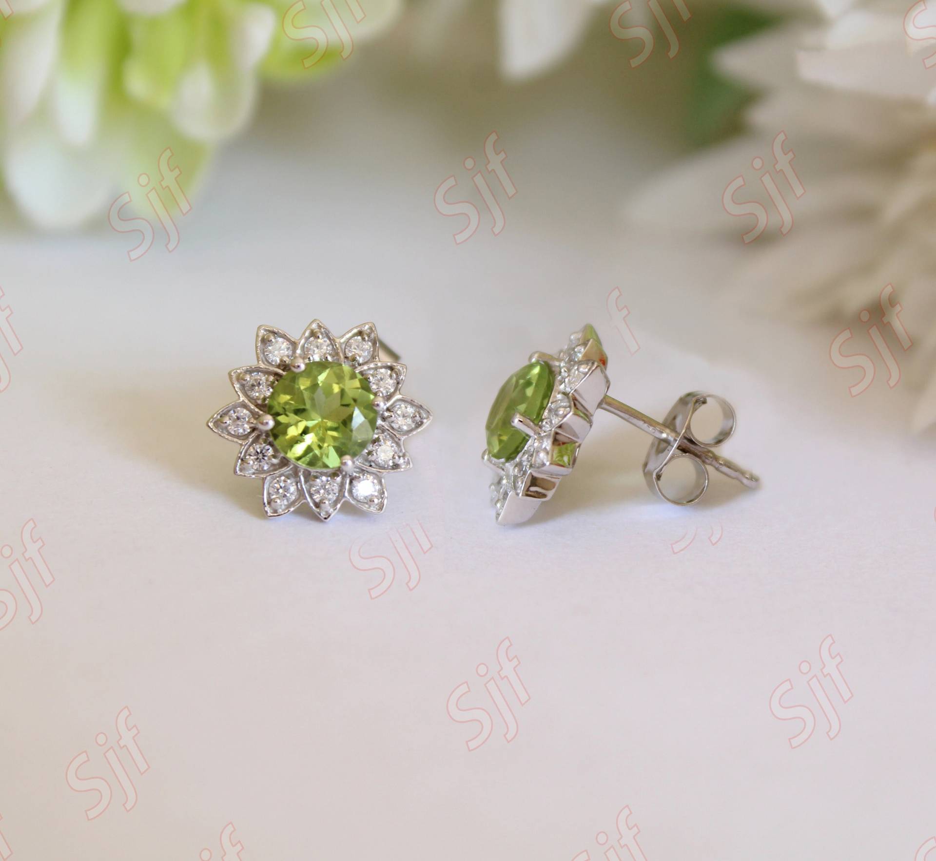 1.90Cts Aaa Natürliche Peridot Edelstein Ohrstecker, Solid Gold Ohrstecker Mit Diamant, August Birthstone Schmuck, Geschenk Für Die Liebe von OGofJewelry