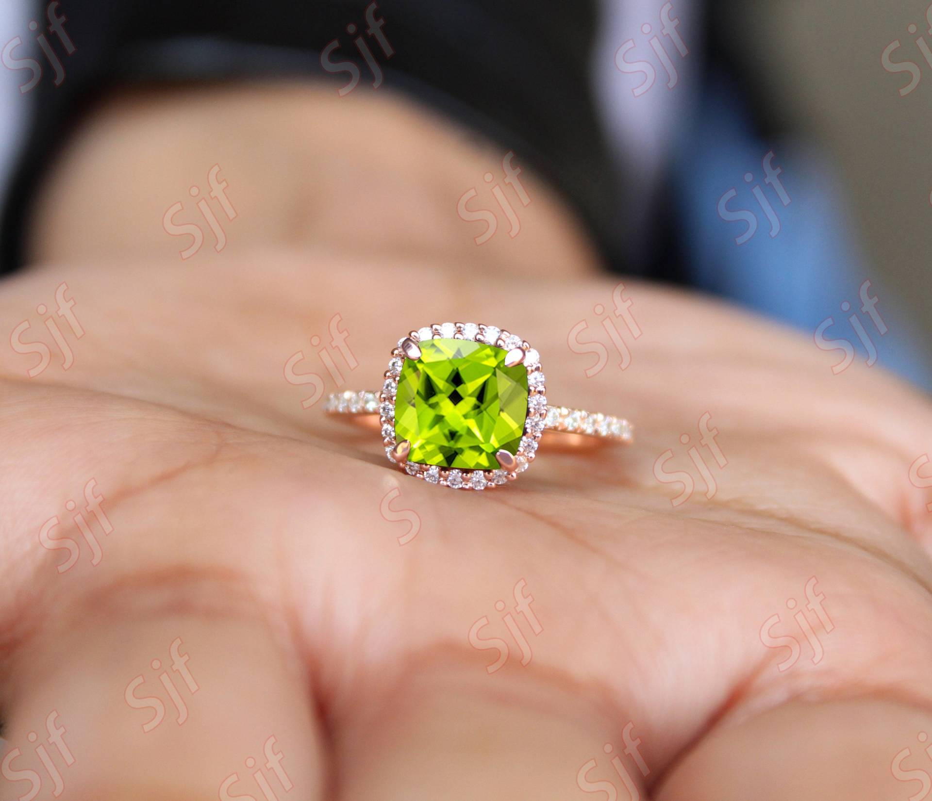 2, 10 Ct Aaa Qualität Peridot Edelstein Diamant Frauen Verlobungsring Solitär Ring Für Frau Kissenschliff Gold Sie von OGofJewelry