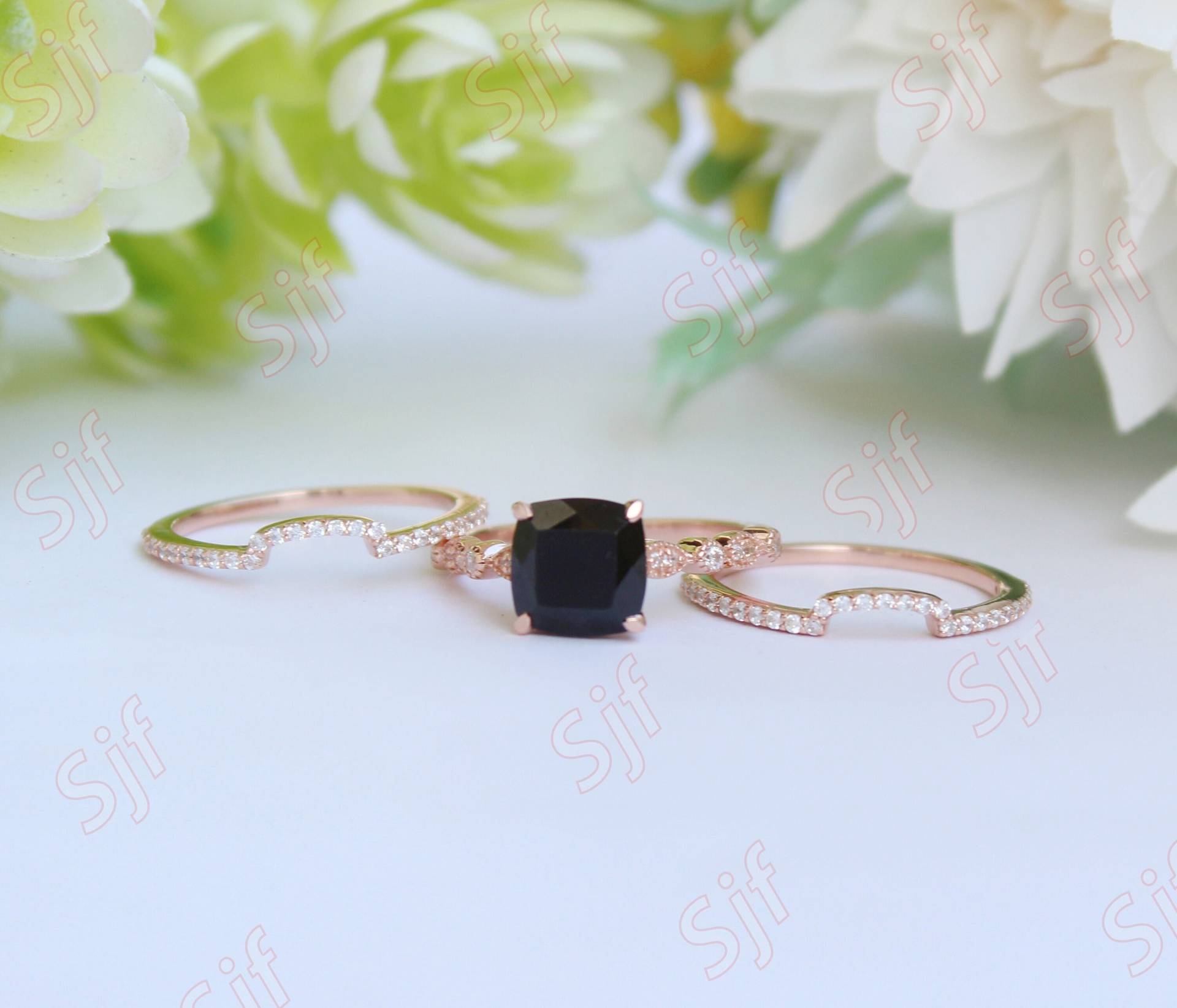 2.00 Ct Facettierte Aaa Schwarzer Onyx Edelstein & Diamant Ring Geschenk Für Frau Schwarz Natur Weiß Drei Ringe Set von OGofJewelry