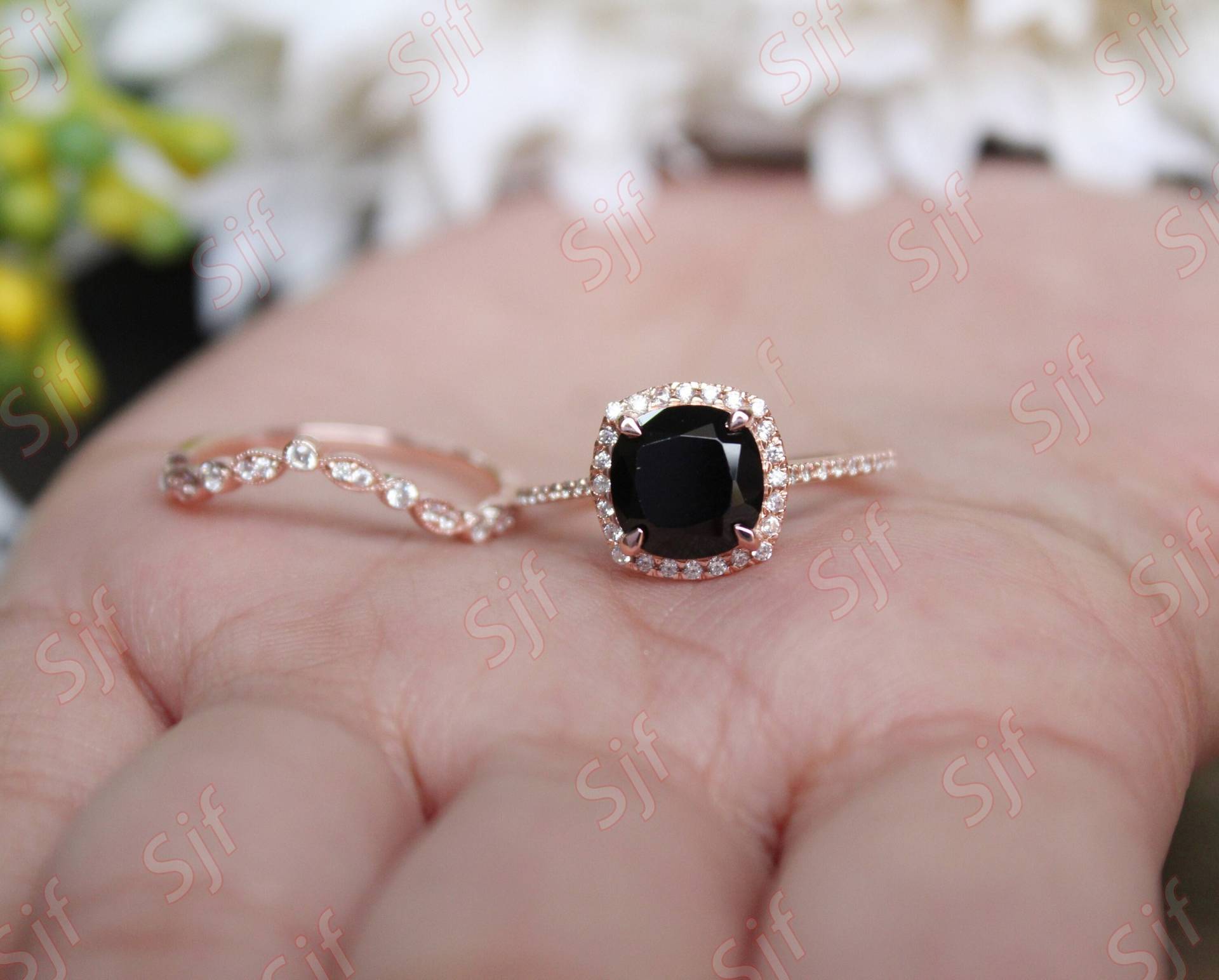 2.20 Ct Facettierte Aaa Schwarzer Onyx Edelstein & Diamant Ring Geschenk Für Frau Schwarz Natur Weiß Zwei Ringe Set von OGofJewelry