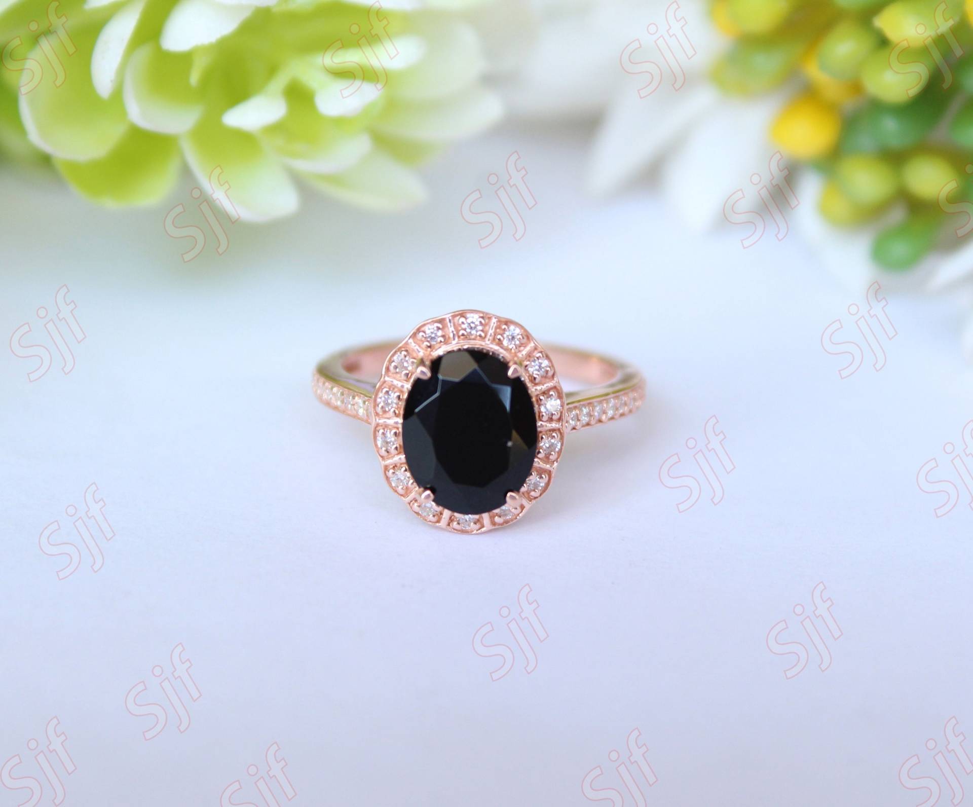 2.90 Ct Facettiert Aaa Schwarzer Onyx Edelstein & Diamant Ring Geschenk Für Frau Schwarz Natur Weiß Massivgold Ring, Halo Gold von OGofJewelry