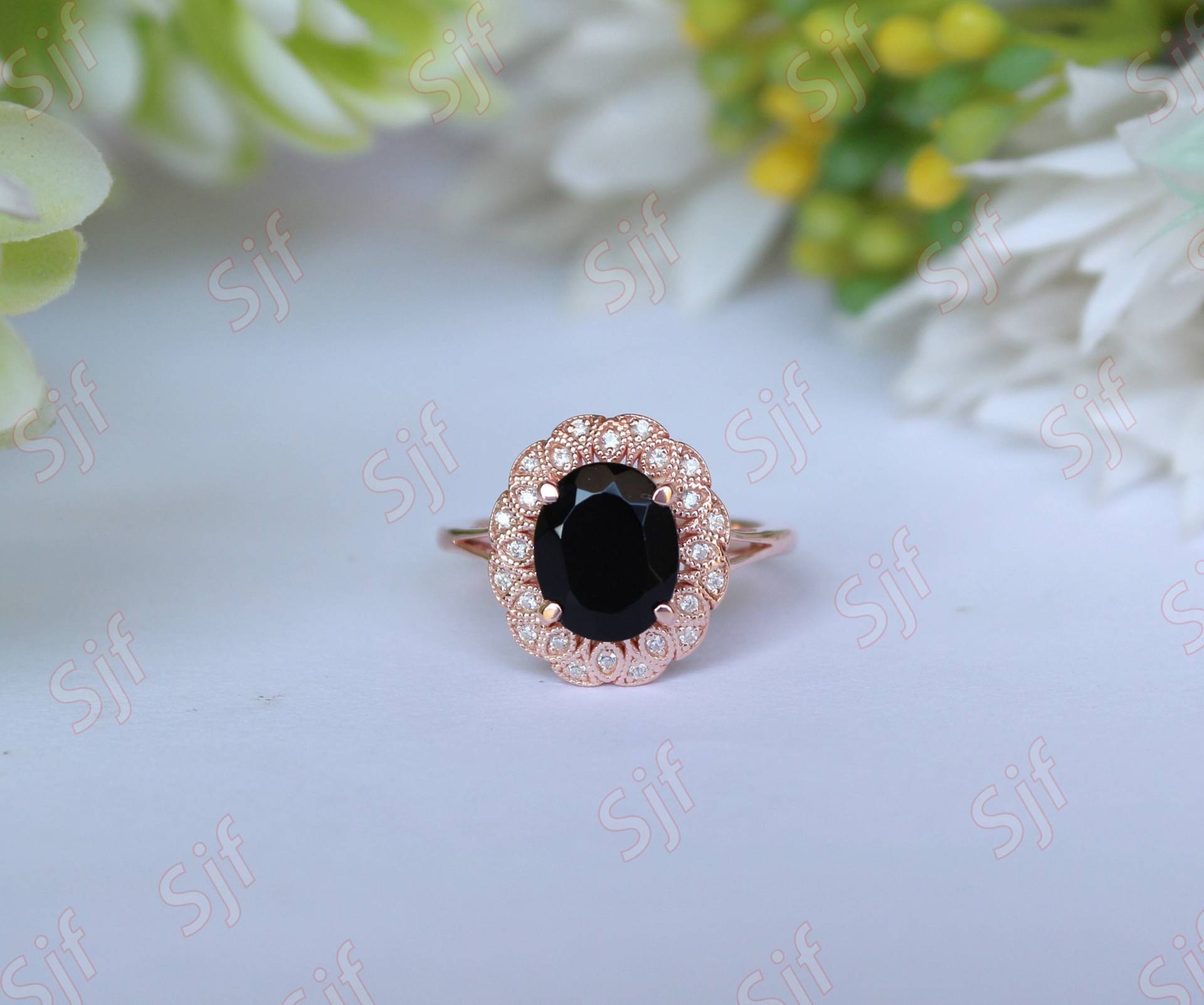 2.90 Ct Facettiert Aaa Schwarzer Onyx Edelstein & Diamant Ring Geschenk Für Frau Schwarz Natur Weiß Massivgold von OGofJewelry