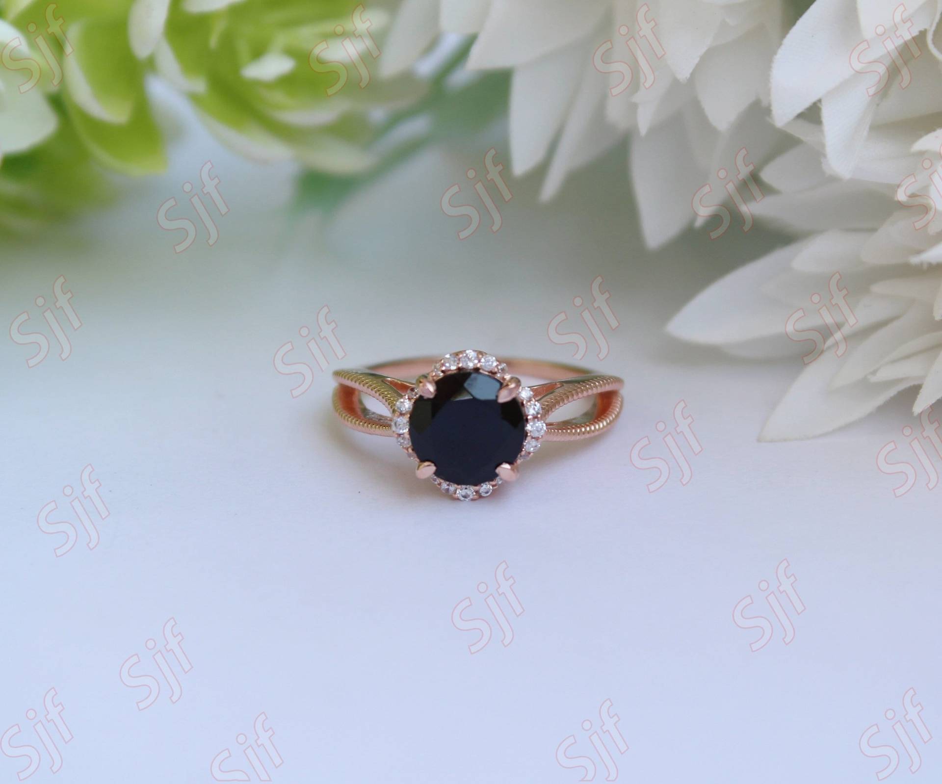 2.90 Ct Facettiert Aaa Schwarzer Onyx Edelstein & Diamant Ring Geschenk Für Frau Schwarz Natur Weiß Massivgold von OGofJewelry