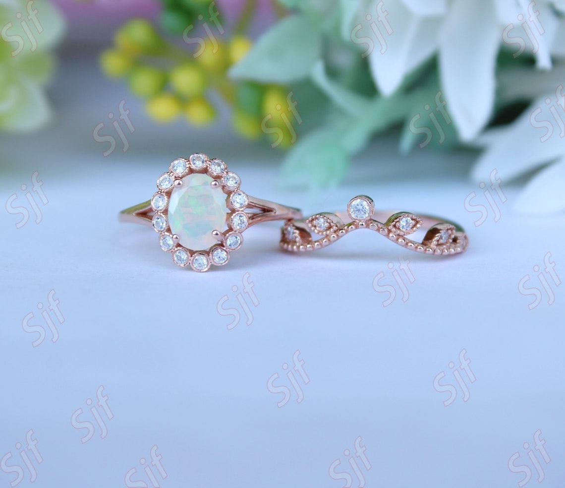 2stk Gold Ehering, Natürlicher Opal Verlobung Goldring Set Für Sie, Einzigartiger Floral Damen Schmuck, Diamant Heiligenschein Ring, Geburtsstein von OGofJewelry