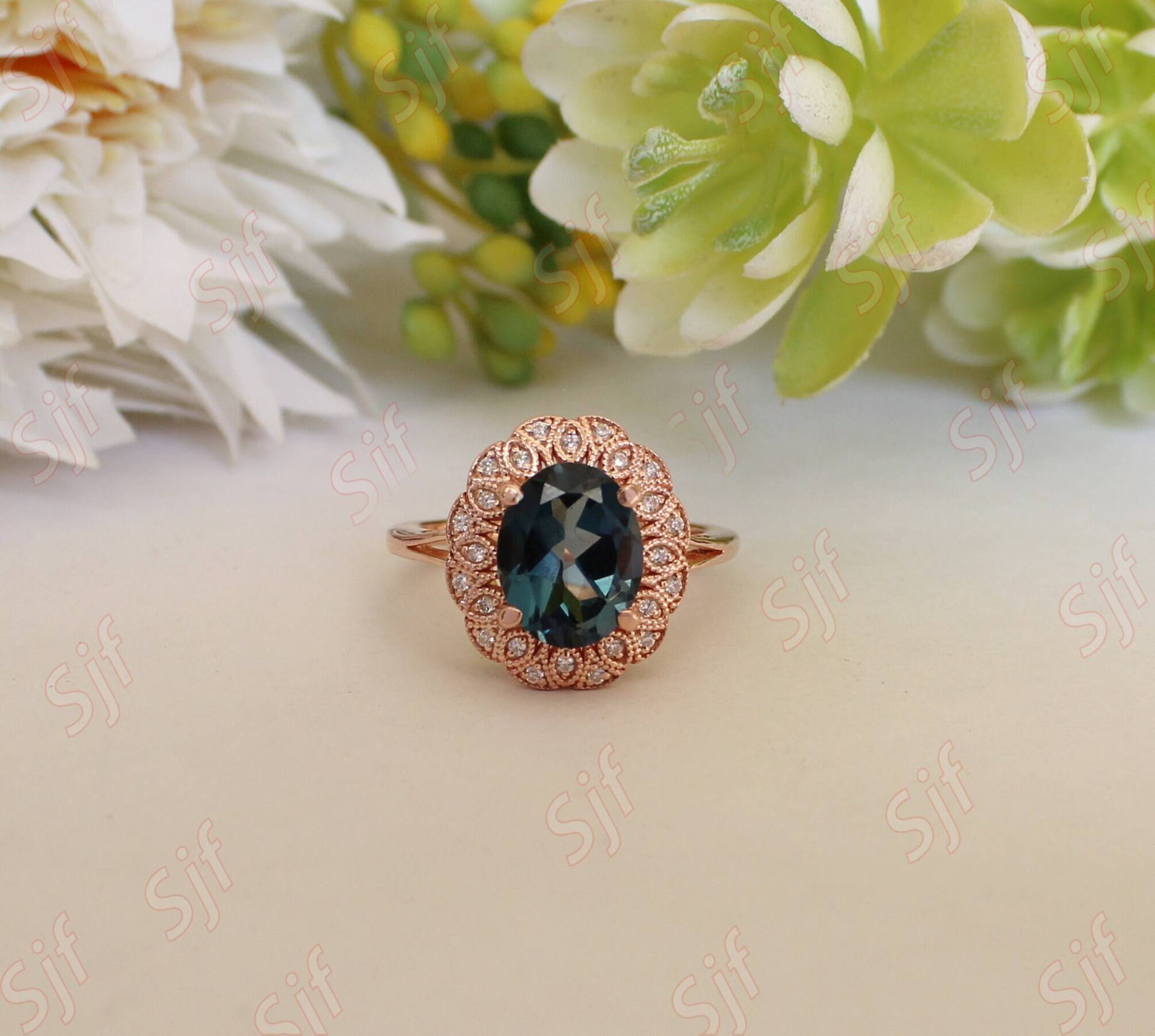 3.90Ct Aaa London Blue Topaz Solitär Ring Verlobungsring Geschenk Für Frau Vorschlag Halo Diamant Gold von OGofJewelry