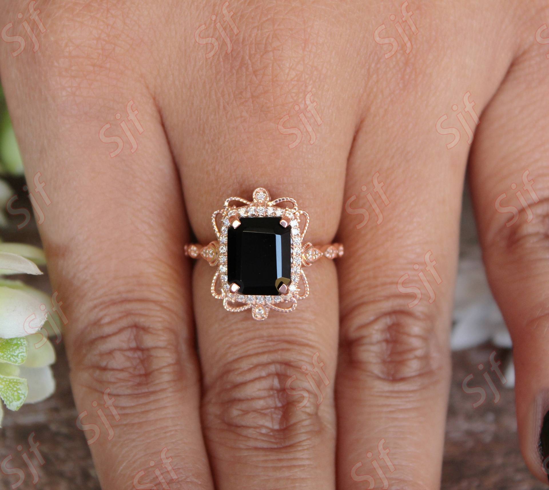 4.80 Ct Facettiert Aaa Schwarzer Onyx Edelstein & Diamant Ring Geschenk Für Frau Schwarz Natur Weiß Massivgold Ring, Vintage von OGofJewelry