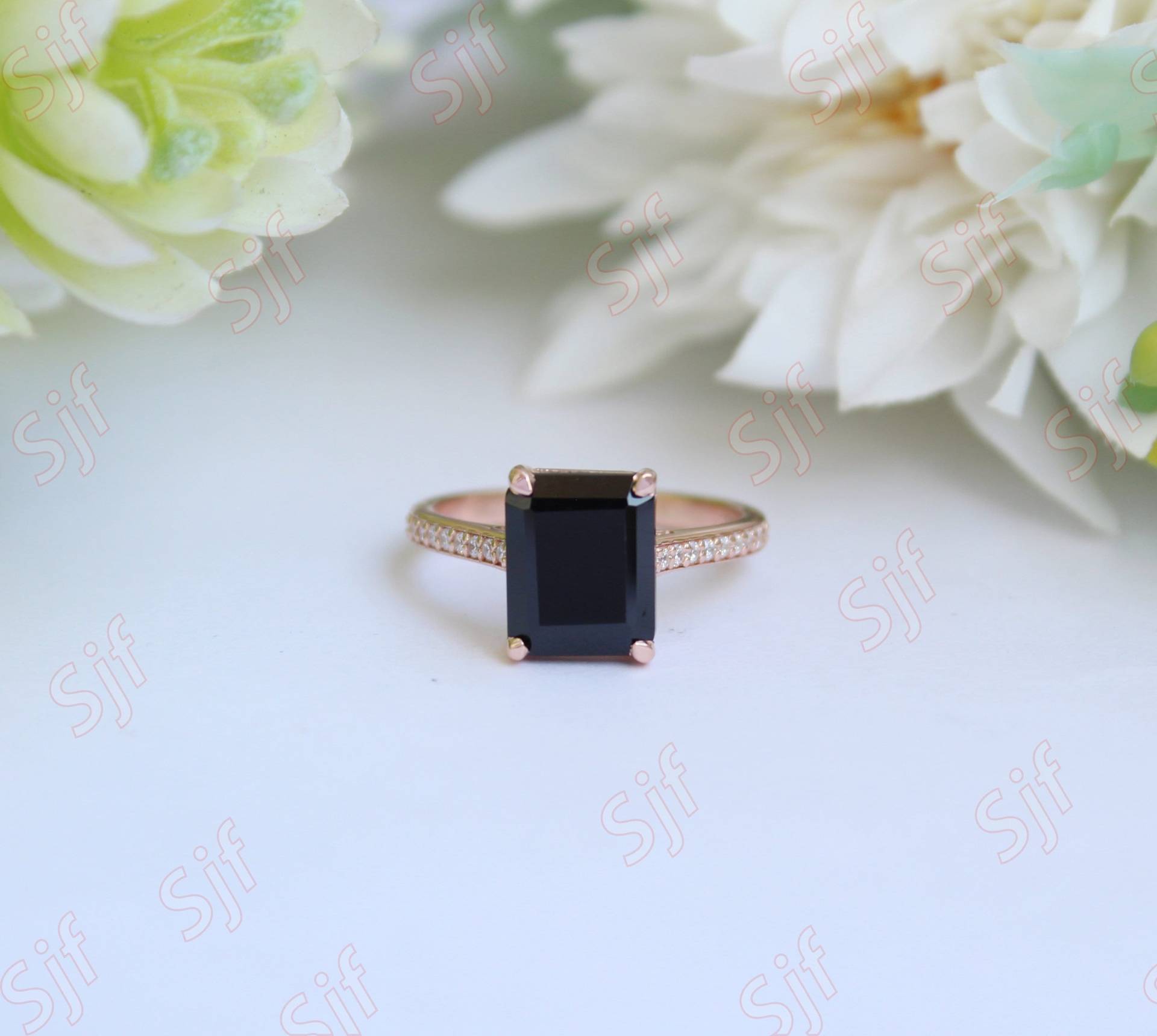 4.80 Ct Facettiert Aaa Schwarzer Onyx Edelstein & Diamant Ring Geschenk Für Frau Schwarz Natur Weiß Massivgold von OGofJewelry