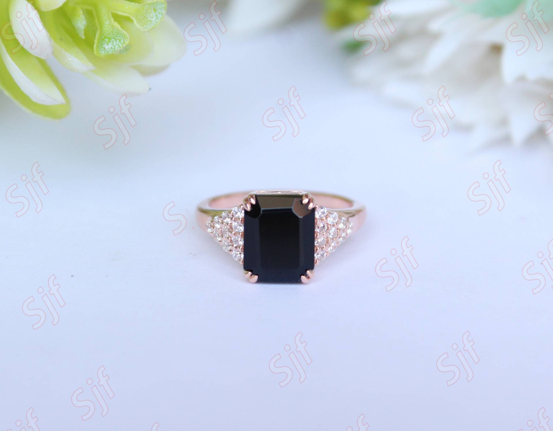 4.80 Ct Facettiert Aaa Schwarzer Onyx Edelstein & Diamant Ring Geschenk Für Frau Schwarz Natur Weiß Massivgold von OGofJewelry