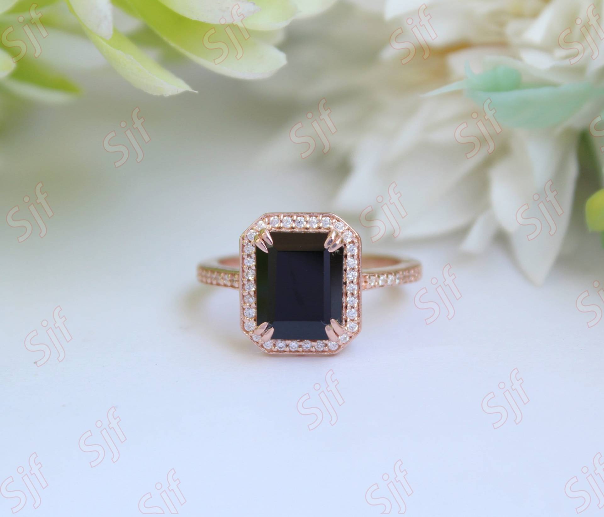 4.80 Ct Facettiert Aaa Schwarzer Onyx Edelstein & Diamant Ring Geschenk Für Frau Schwarz Natur Weiß Massivgold von OGofJewelry