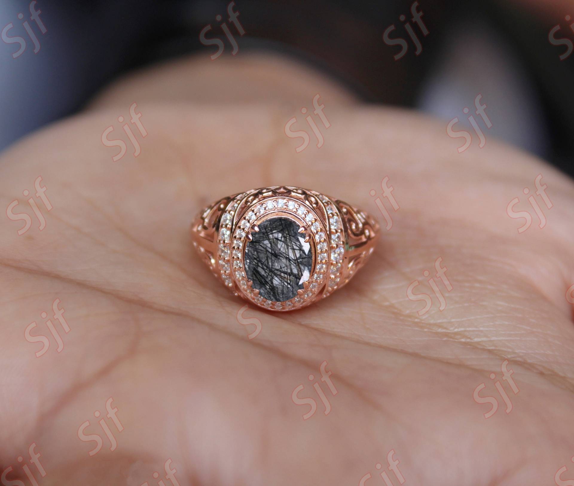 Aaa Oval Natürliche Schwarz Rutilquarz Edelstein Vintage 14K Rose Gold Überzogen 925 Silber Ring Für Sie Jahrestag Geburtstag Abschlussgeschenk von OGofJewelry