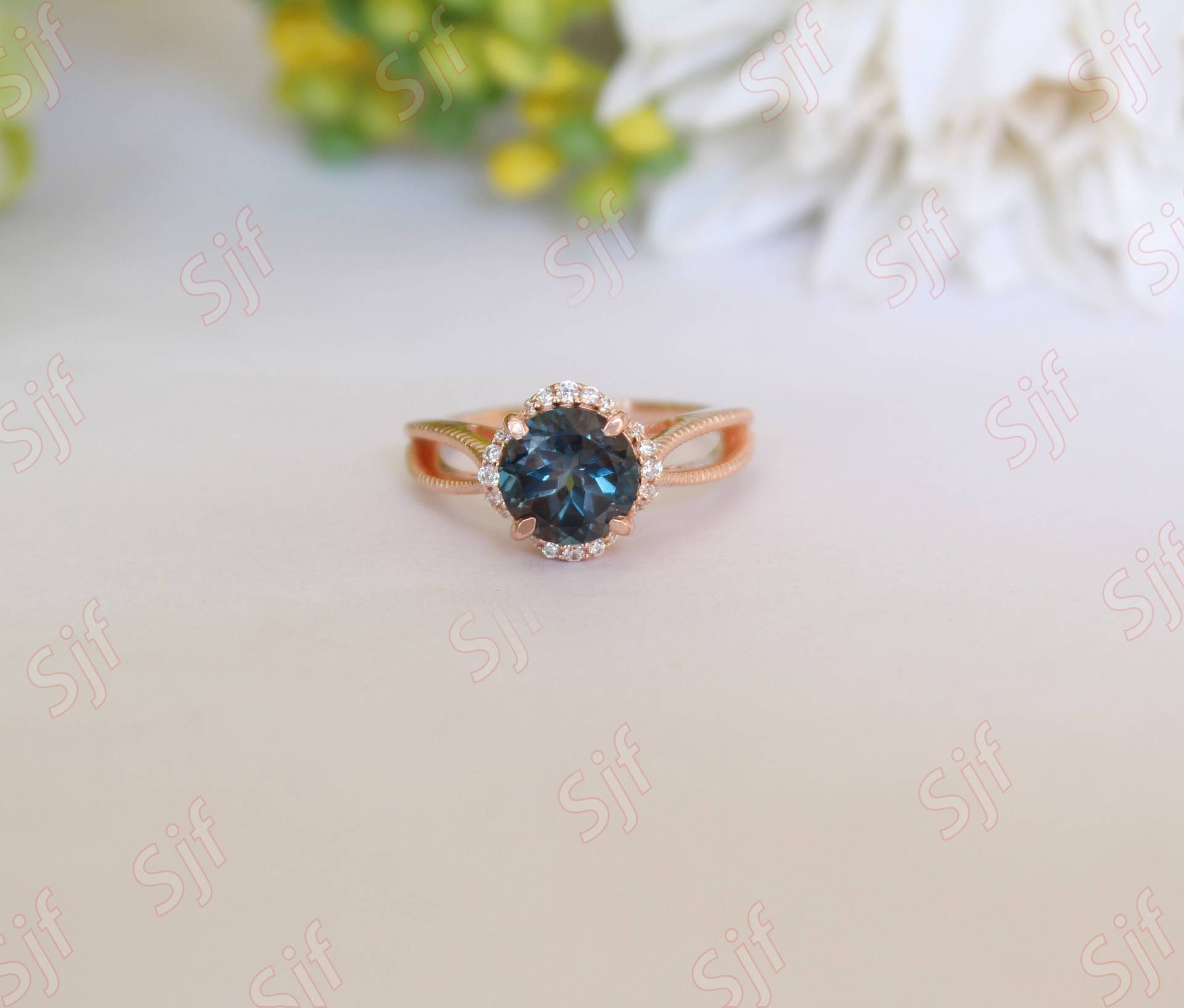 Gold Ehering, Aaa Natural London Blue Topaz Verlobungsring Für Sie, Geschenk Geburtsstein Diamant Ring. Geburtstagsgeschenk von OGofJewelry