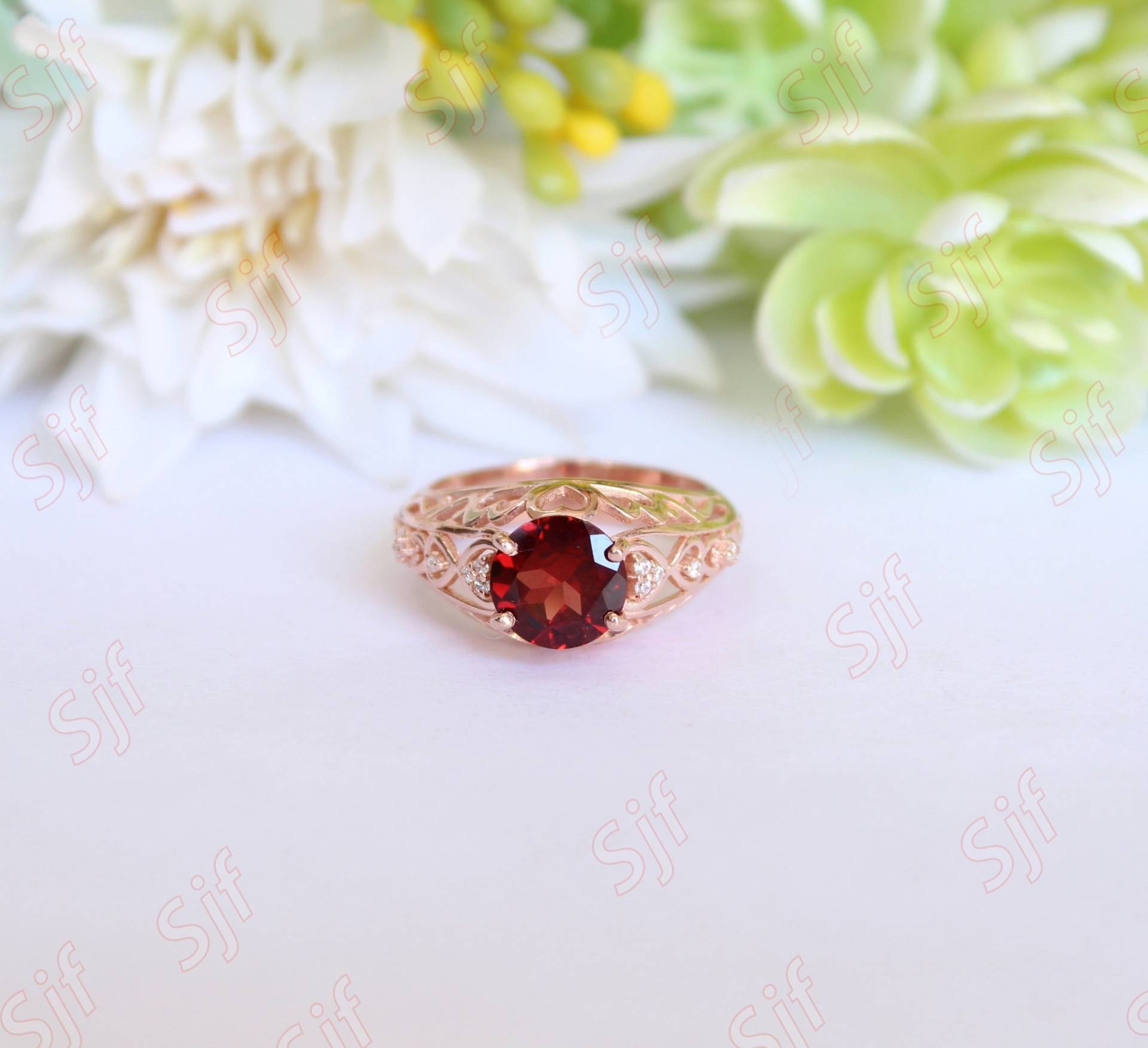 Granat Ehering, Vintage Art Deco Natürlicher Roter Gold Verlobungsring Für Sie, 14K Massivgold Ring Mit Natürlichem Diamant, Brautring von OGofJewelry