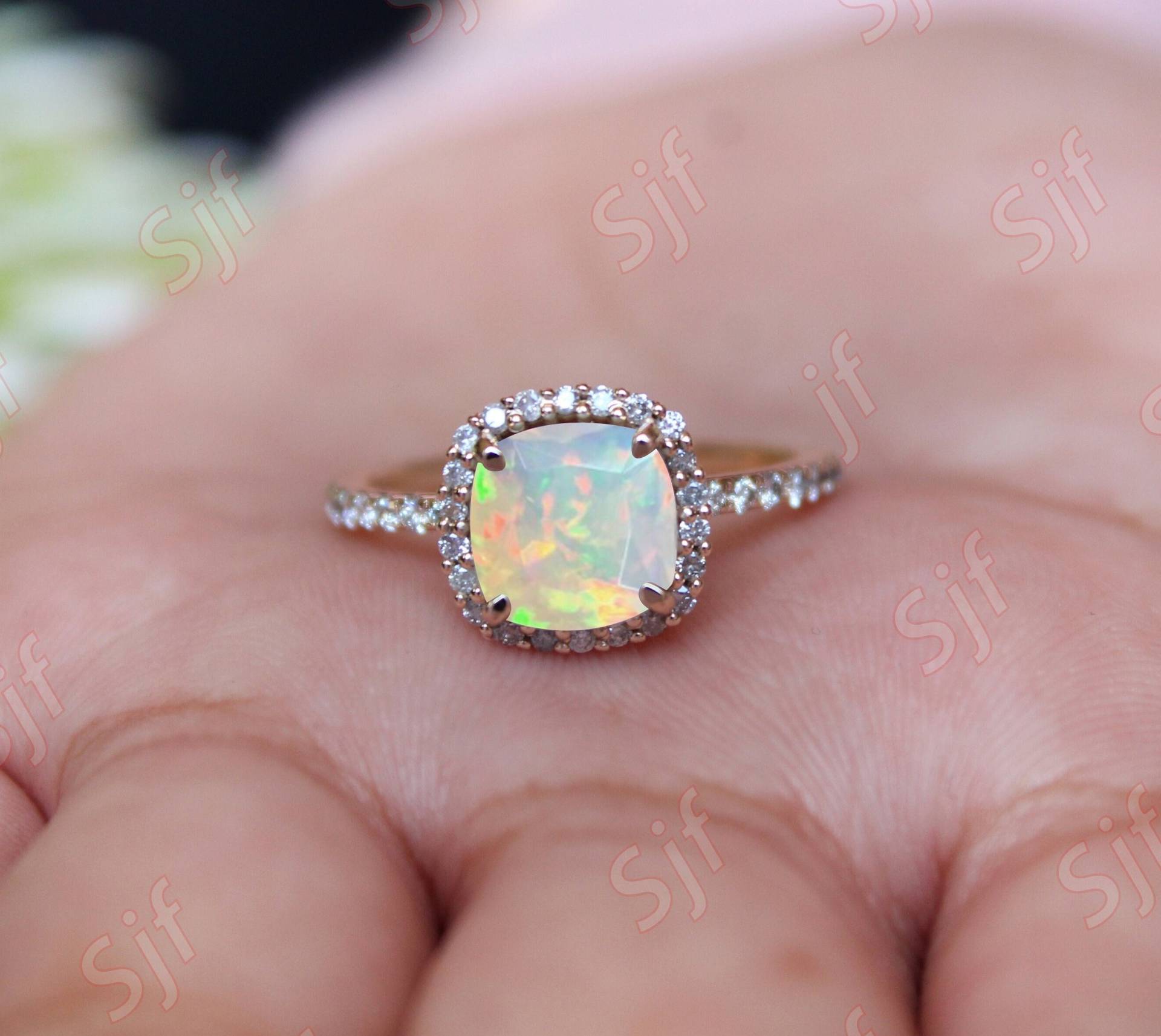 Kissen Opal 14K Rose Gold Überzogen 925 Silber Halo Verlobungsring Für Sie Jahrestag Geburtstagsgeschenk Versprechen Statement Abschlussgeschenk von OGofJewelry