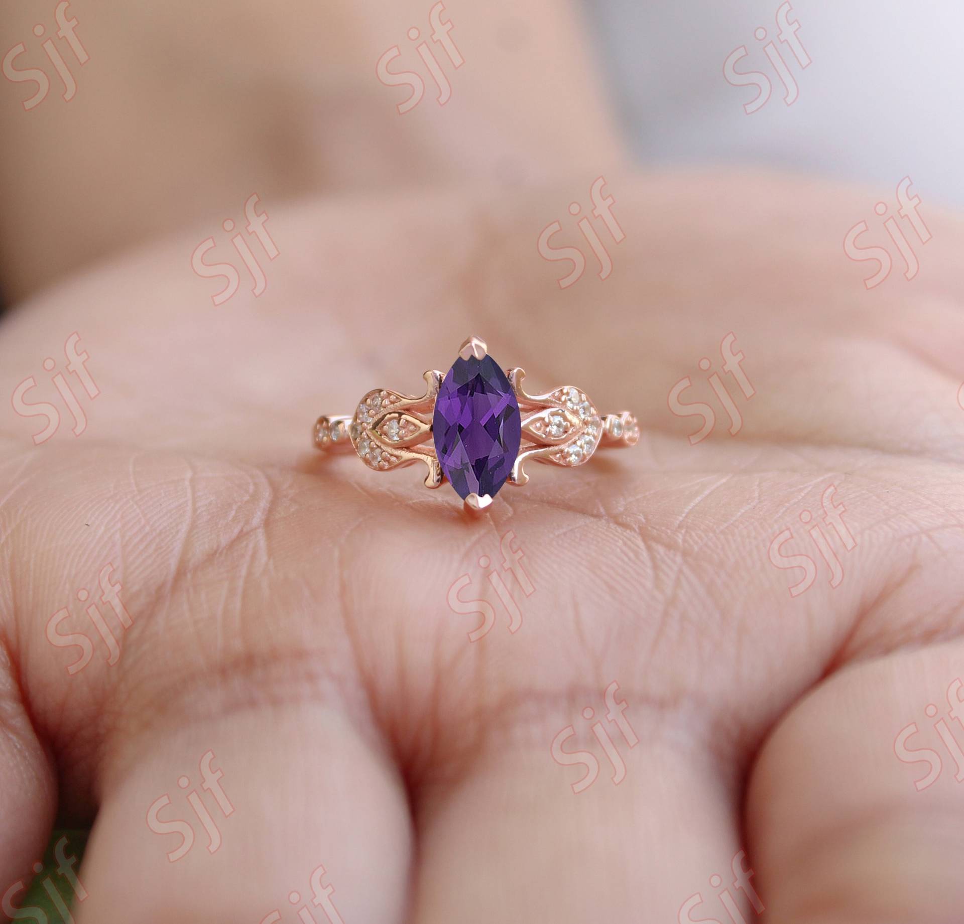 Marquise 10x5mm Natürlicher Amethyst Verlobungsring 925 Silber Rose Gold Überzogen Ehering Für Die Braut Geschenk Liebe Art Deco Brautring von OGofJewelry