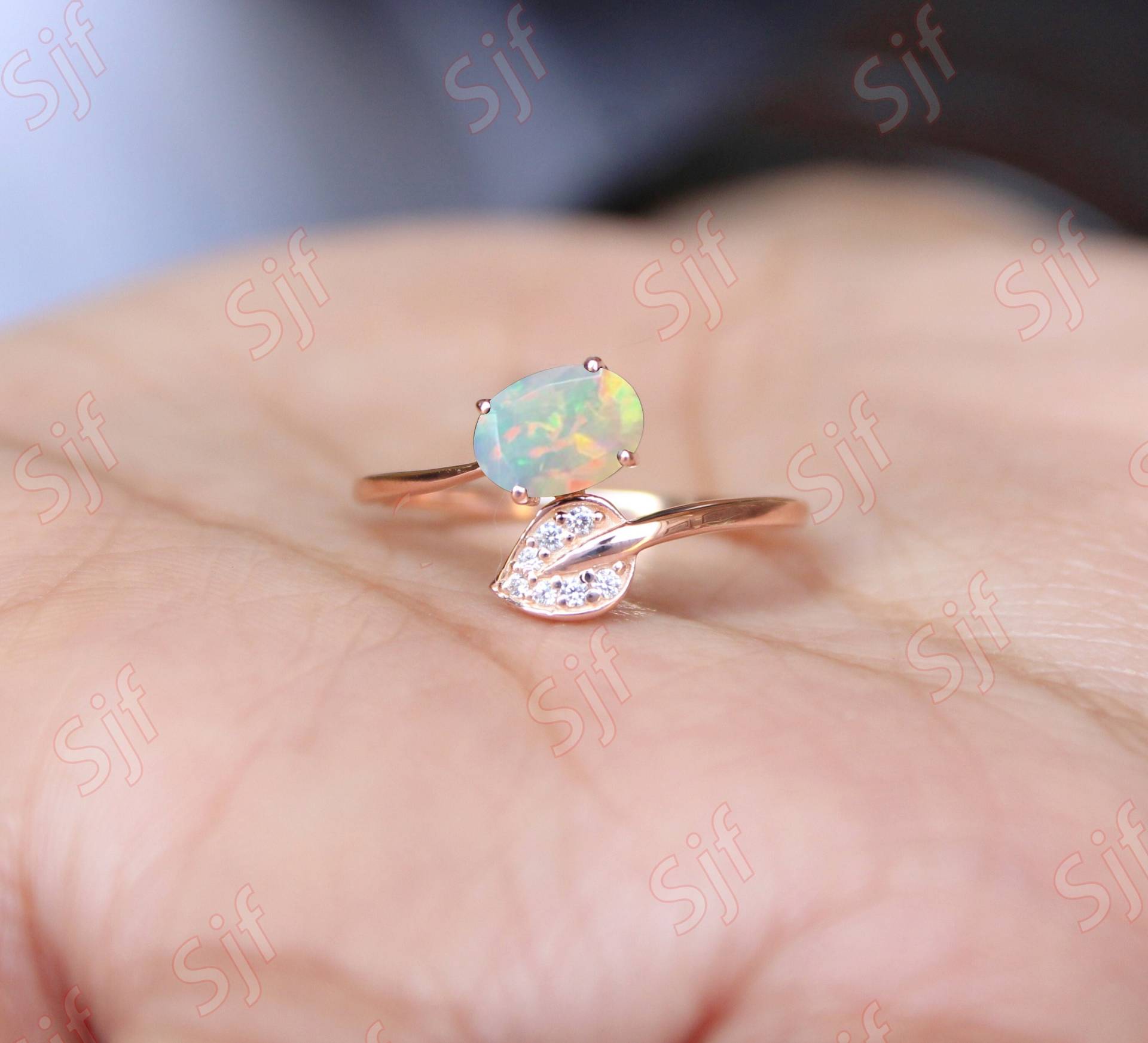 Natürlicher Opal Gold Hochzeitsring, Wunderschöner Blattblumen Natur Inspirierter Verlobungsring Für Sie, Diamantring, Geschenk Sie von OGofJewelry
