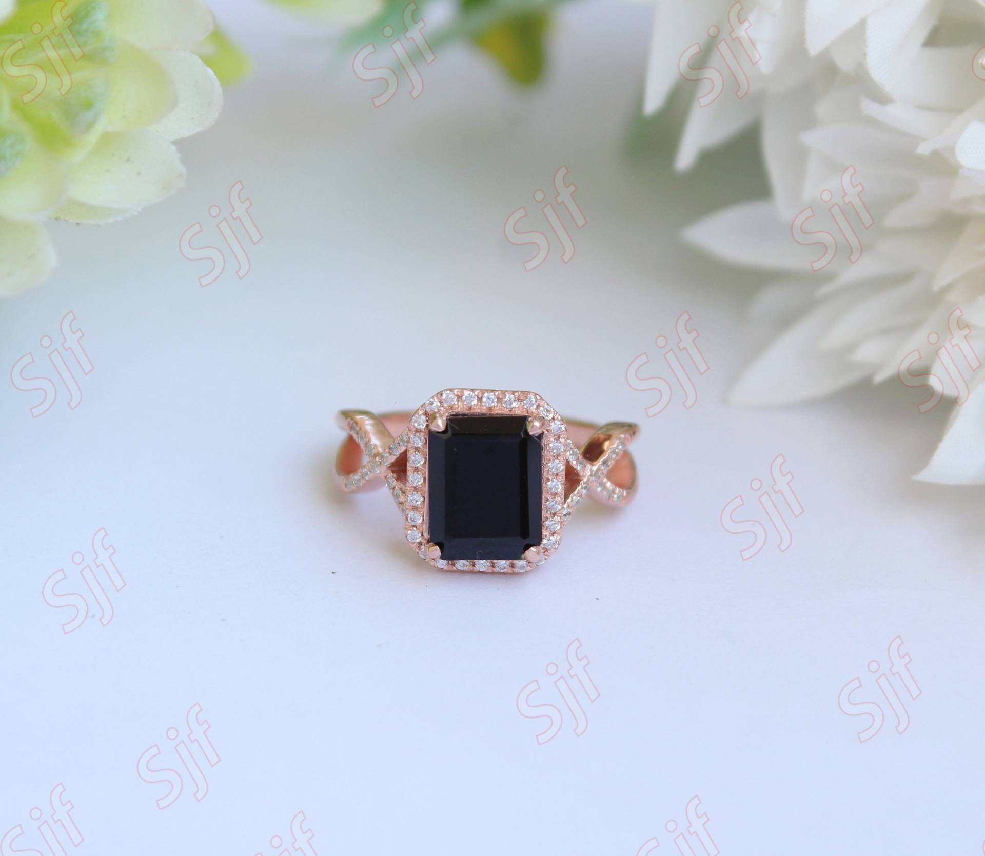 Oktagon 10x8mm Natürlicher Schwarzer Onyx Edelstein Verlobung Gold Ring, Ehering Für Braut, Geschenk Die Liebe, Halo Diamant Schmuck von OGofJewelry